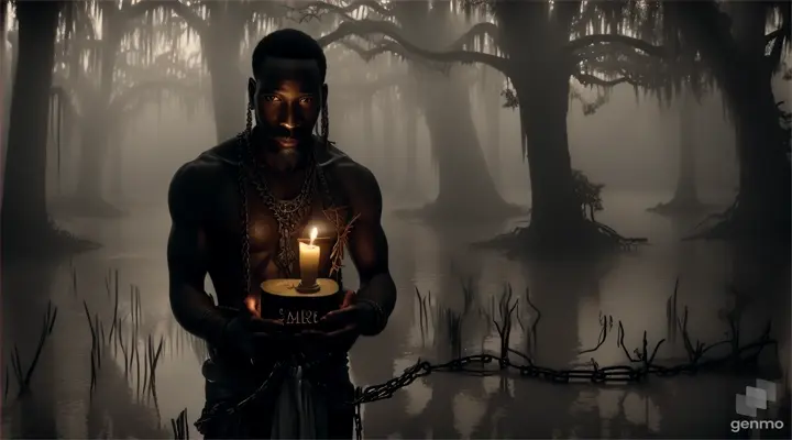 A Caribbean man in chains holding a candlelit box in a misty, eerie swamp with skeletal trees
