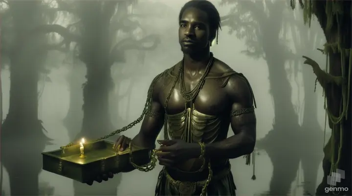 A Caribbean man in chains holding a candlelit box in a misty, eerie swamp with skeletal trees