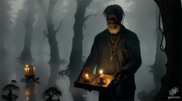 A old Caribbean man in chains holding a candlelit box in a misty, eerie swamp with skeletal trees