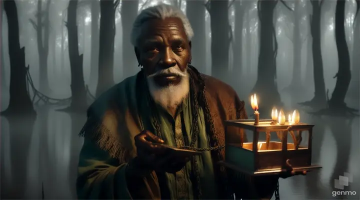 A old Caribbean man in chains holding a candlelit box in a misty, eerie swamp with skeletal trees