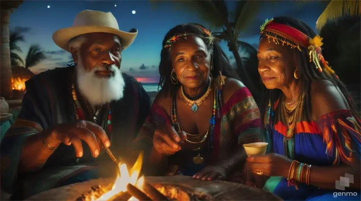 A old Caribbean couple talks to an old Caribbean shaman by a fire