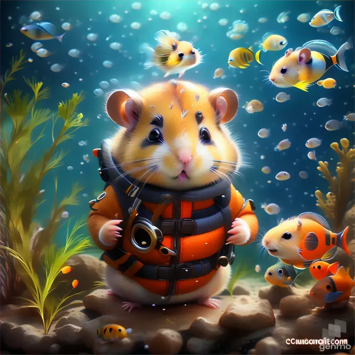 a hamster in a life jacket surrounded by fish