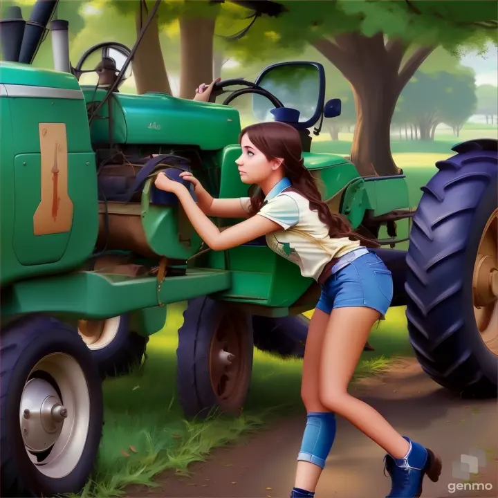 a painting of a girl leaning on a tractor
