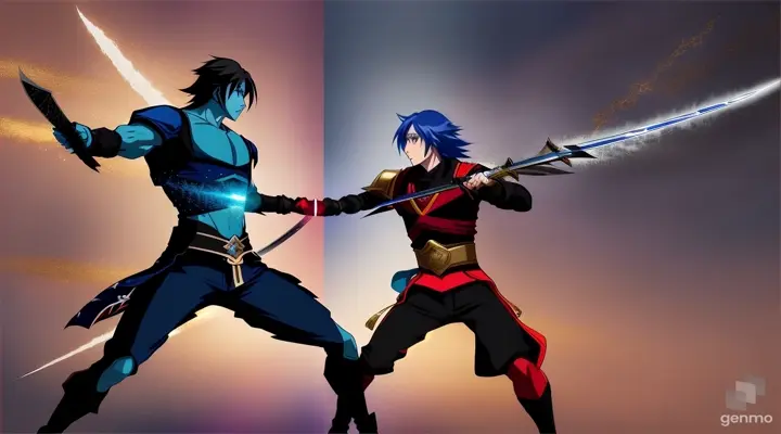 Dark clothes and blue clothes attack each other, jumping and clashing swords, sparks come out.animation