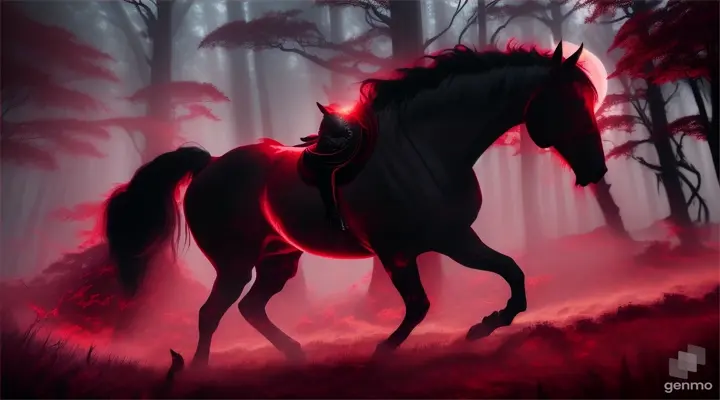 Demon horse silhouetted against a blood red moon, in a tropical forest, night