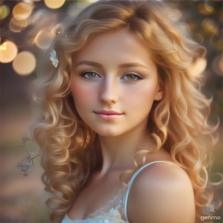 A beautiful European young woman opens her eyes and closes her eyelids. The girl blinks slowly. Curly golden hair on her head.