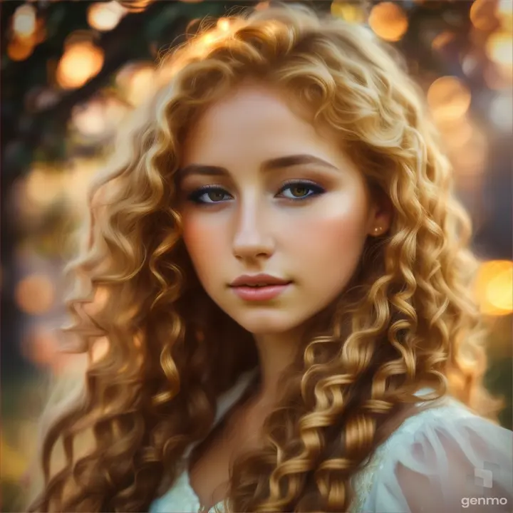 A beautiful European young woman opens her eyes and closes her eyelids. The girl blinks slowly. Curly golden hair on her head.