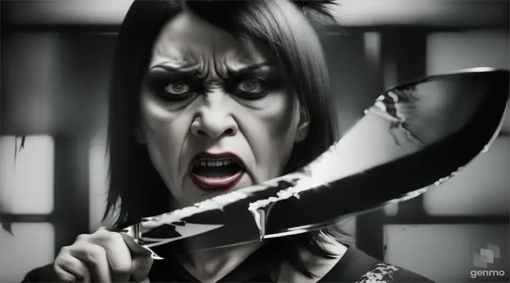 A 50-year-old woman with an angry face, black hair, holding a knife and attacking, realistic