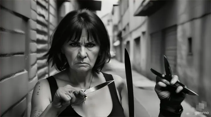 A 50-year-old woman with an angry face, black hair, holding a knife and attacking, realistic