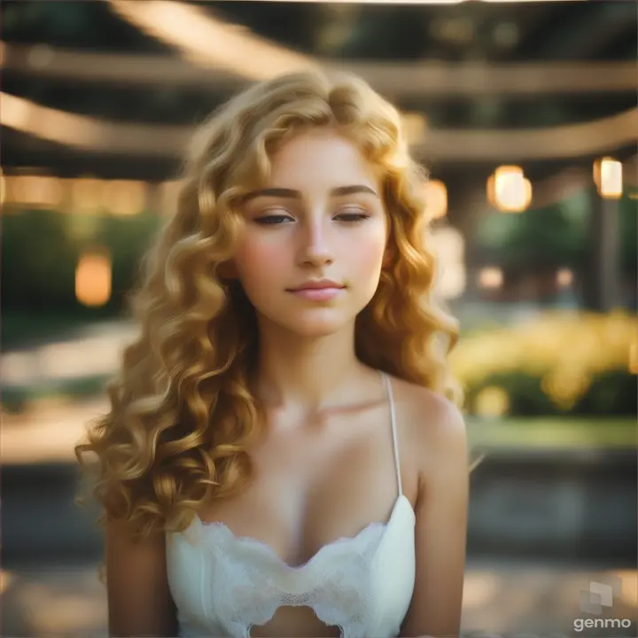 A beautiful European young woman opens her eyes and closes her eyelids. The girl blinks slowly. Curly golden hair on her head.