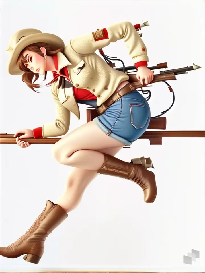 a woman in a cowboy outfit is holding a rifle