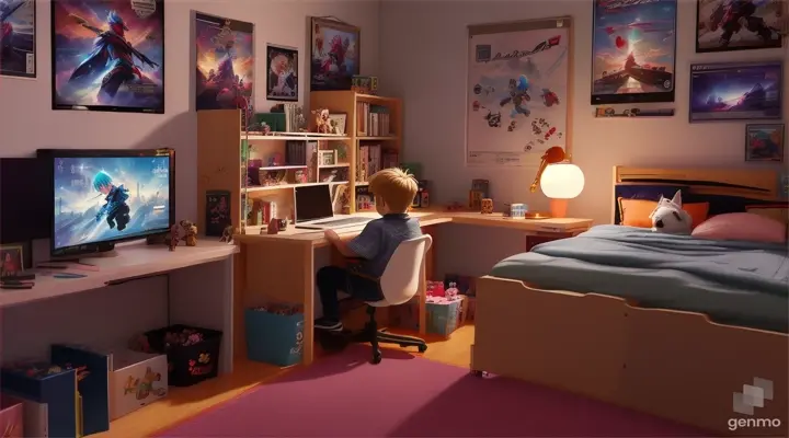 [Scene: Inside a cozy bedroom with warm lighting. The walls are adorned with posters of anime characters and shelves filled with action figures. A young boy sits at his cluttered desk, illuminated by the soft glow of his computer screen. His loyal dog rests at his feet, occasionally wagging its tail.]

[Through the window, a bustling cityscape can be seen, with neon lights flickering in the distance. The sounds of cars honking and people chatting faintly seep into the room.]

[On the computer screen, vibrant anime-style galaxies swirl and sparkle as the boy maneuvers his character through the digital cosmos. His eyes are filled with wonder and excitement as he embarks on his virtual adventure.]

[In the background, a shelf stacked with manga books and gaming consoles can be seen. Posters of famous anime shows decorate the walls, adding to the immersive atmosphere.]

[As the boy navigates through the virtual galaxies, his dog watches with curious eyes, occasionally tilting its head in fascination. The bond between them is palpable as they share in the excitement of the virtual journey.]

[Despite the hustle and bustle of the city outside, the room feels like a peaceful sanctuary. In this serene space, the boy's imagination knows no bounds, fueled by the companionship of his dog and the endless possibilities of the digital universe.]