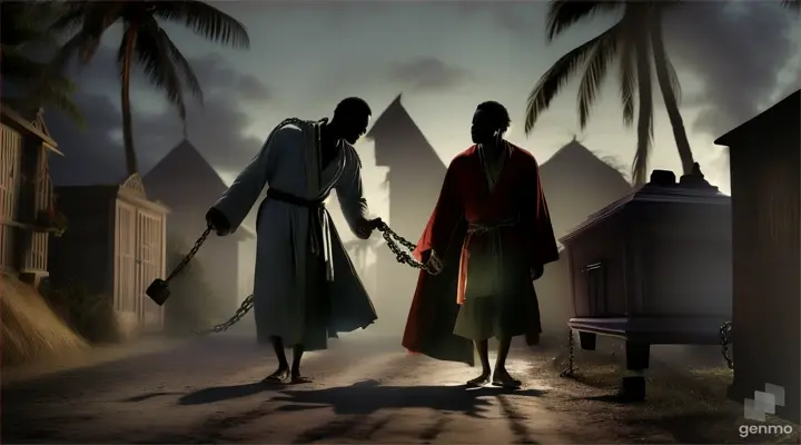a Caribbean man in a robe drags a coffin with chains through a Caribbean village at night