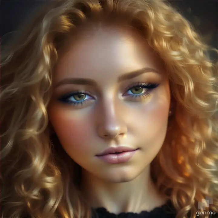 A beautiful European young woman opens her eyes and closes her eyelids. The girl blinks slowly. Curly golden hair on her head.