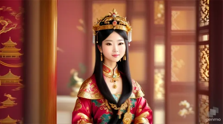 The image shows a character with a blurred face. Surrounded by the environment of the Chinese Dynasty Hall, the character is a beautiful female emperor, smiling happily. The head of the person in the picture was covered. There is a crown-like ornament on the head that looks luxuriously decorated. It had a luxuriously decorated appearance, with long flowing hair, large blue eyes, a slight smile, and wearing exquisite gold jewelry. horizontal image