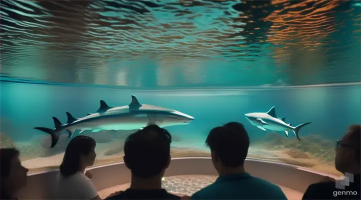 Escena 3: Un túnel de tiburones en el acuario, donde los visitantes pueden caminar bajo el agua y observar a los tiburones nadando a su alrededor. Los visitantes se encuentran emocionados y maravillados por la experiencia.




























