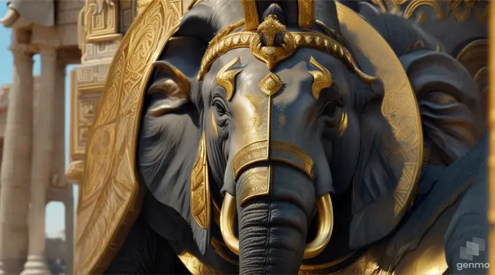 a spartan standing by an elephant dressed in gold