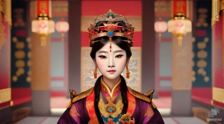 The image shows a character with a blurred face. Surrounded by the environment of the Chinese Dynasty Hall, the character is a beautiful female emperor, smiling happily. The head of the person in the picture was covered. There is a crown-like ornament on the head that looks luxuriously decorated. It had a luxuriously decorated appearance, with long flowing hair, large blue eyes, a slight smile, and wearing exquisite gold jewelry. horizontal image