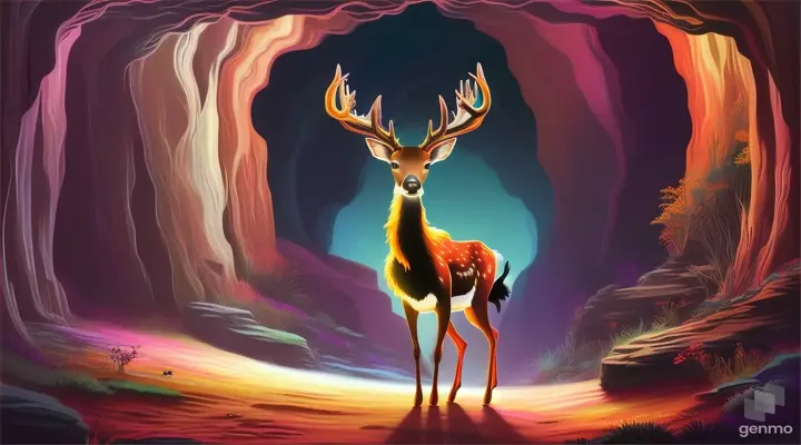 Cartoon of one deer in the dark cave ,16:9 ratio