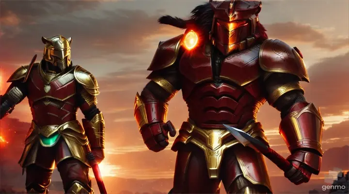 dark red sabertooth tiger wearing gold armor. walking next to a spartan with a magical glowing sword.