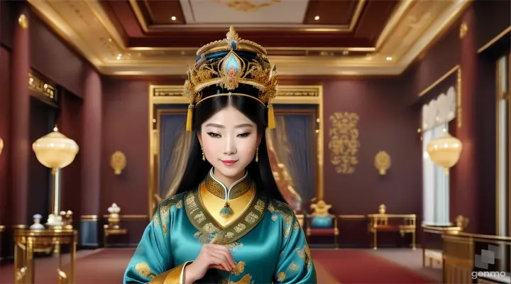 The image shows a character with a blurred face. Surrounded by the environment of the Chinese Dynasty Hall, the character is a beautiful female emperor, smiling happily. The head of the person in the picture was covered. There is a crown-like ornament on the head that looks luxuriously decorated. It had a luxuriously decorated appearance, with long flowing hair, large blue eyes, a slight smile, and wearing exquisite gold jewelry. horizontal image