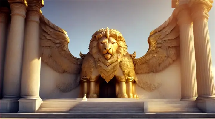 Shedu
Imagine a Shedu, similar in form to a Lamassu, guarding the entrance to a sacred temple. This creature has the body of a powerful lion, symbolizing courage and authority. Its human head bears a gentle expression, adorned with a crown that signifies its divine role. The Shedu's wings, though smaller than those of a Lamassu, are no less detailed, suggesting a swift capability to enact the gods' will. The temple behind the Shedu is an architectural marvel of the Assyrian empire, with reliefs depicting gods and kings. The Shedu's pose is one of readiness, prepared to defend the sanctity of the temple against any threat. Its presence reassures the faithful of the gods' protection and the order maintained between the celestial and terrestrial realms.
