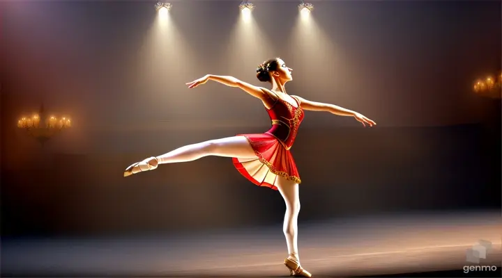 “A ballerina dressed as Carmen dances the Spanish dance of castanets and big jumps over the stage. General plan”