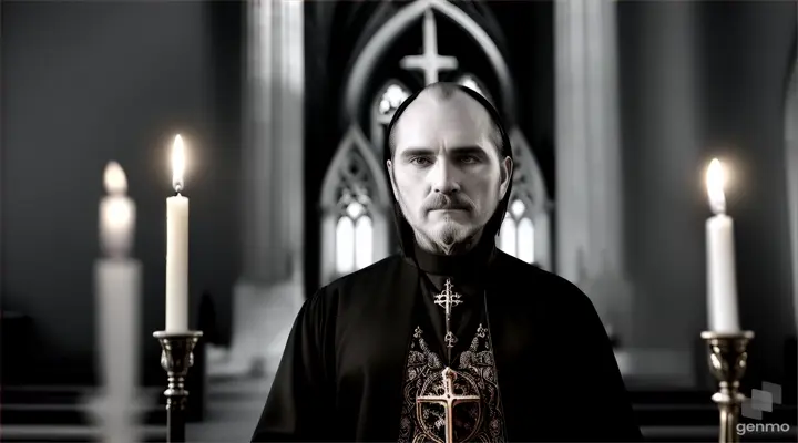 Occult priest with tattoos on his face, standing in front of the altar with candles inside a cathedral with huge church windows in the background. 17th century, Middle Ages, Occultism, Church, Mysticism, Alchemy, Vampire, Filmic lighting, Black and white Sepia