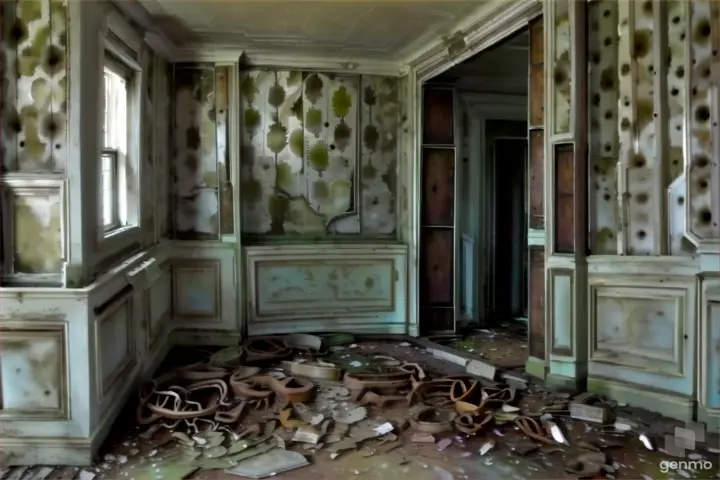 a run down room with peeling paint and a radiator