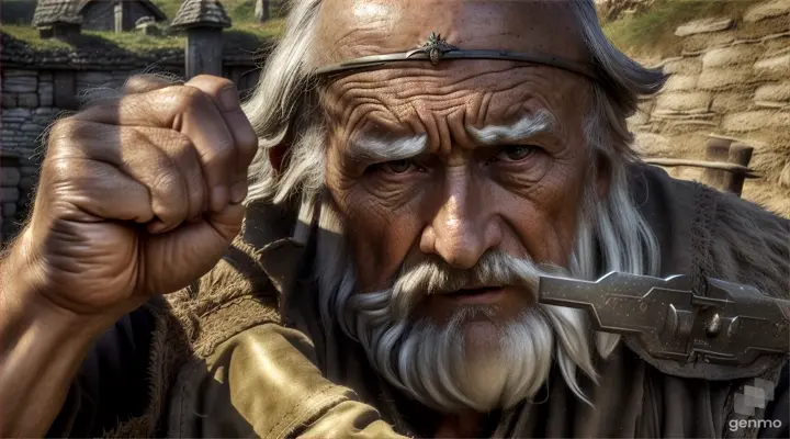 In an effort to protect the village and its people, the wise old man prepares himself for the inevitable battle. He trains hard and prepares defenses to confront the looming dark threat. (Cinematic, drama, lighting, 16:8)