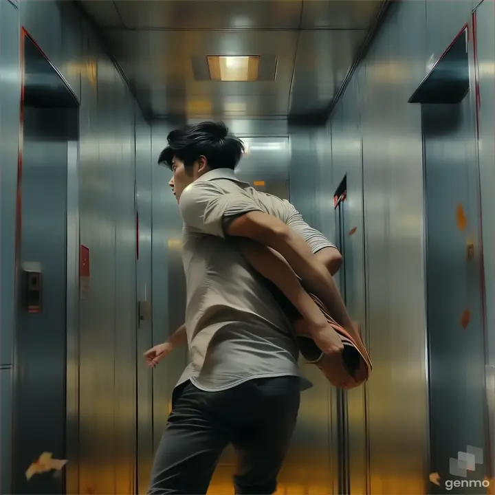 a man is running through a hallway with his back to the camera