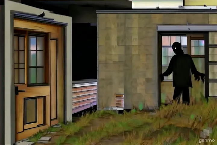 a drawing of a man walking out of a house