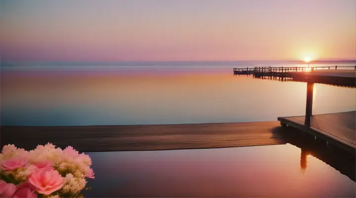 A cozy seaside picnic on wooden boat dock, flowers in foreground, overlooking a pastel-colored sunrise