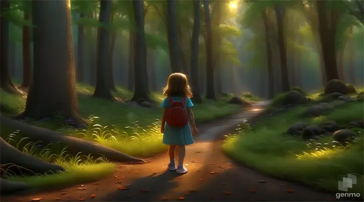 a little girl standing in the middle of a forest