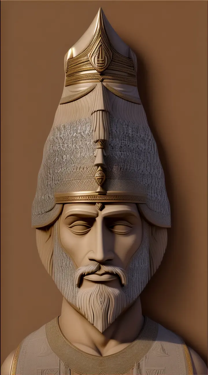 Apkallu
Visualize an Apkallu, a wise sage from Assyrian mythology, standing before the ancient walls of Nineveh, adorned with detailed bas-reliefs. He is clothed in a fish skin, symbolizing his connection to water and wisdom, with the head of the fish resting atop his own like a hood. In one hand, he holds a cone-shaped object, used for ritual purification, and in the other, a bucket, symbolizing the waters of life and knowledge. His beard is intricately curled in the fashion of Assyrian nobility, signifying his revered status. Behind him, a garden of sacred trees flourishes, indicative of his role in bringing agriculture and civilization to humanity. The Apkallu's gaze is knowledgeable yet mysterious, hinting at the secrets of the cosmos he holds. Around him, the air seems to shimmer with the ancient magic of Mesopotamia, enveloping the sage in an aura of divine wisdom.