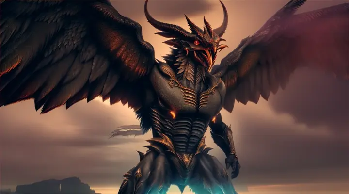Gallu Demons (Assyrian Mythology)
Envision the Gallu demons, fearsome entities from the depths of the Assyrian underworld. These beings are depicted with ferocious faces, bodies covered in scales like those of a dragon, and large, powerful wings that unfurl menacingly. Their limbs are muscular and end in sharp claws, ready to snatch away the souls of the unwary. Their eyes burn with a malevolent fire, and their mouths are agape in roars that echo the torments of the abyss. They stand amidst a desolate landscape, shrouded in mist and darkness, that serves as the borderland between the living world and the realm of the dead. Lightning crackles in the sky above them, illuminating their grotesque forms and casting long, sinister shadows. The Gallu demons embody the terror of the unknown and the fear of death that grips the human heart, serving as stark reminders of the perilous journey of the soul after death.
