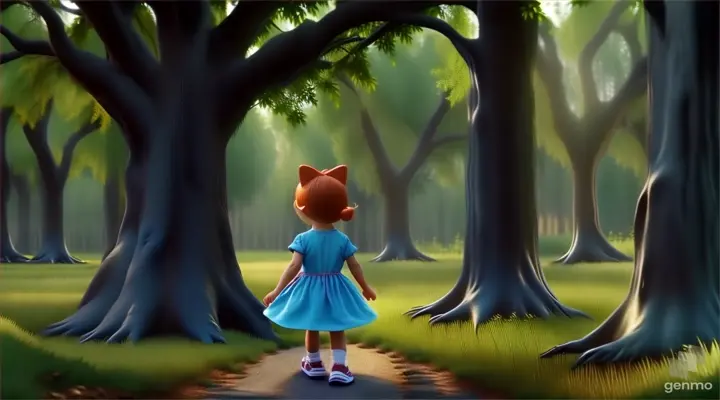 a little girl standing in the middle of a forest