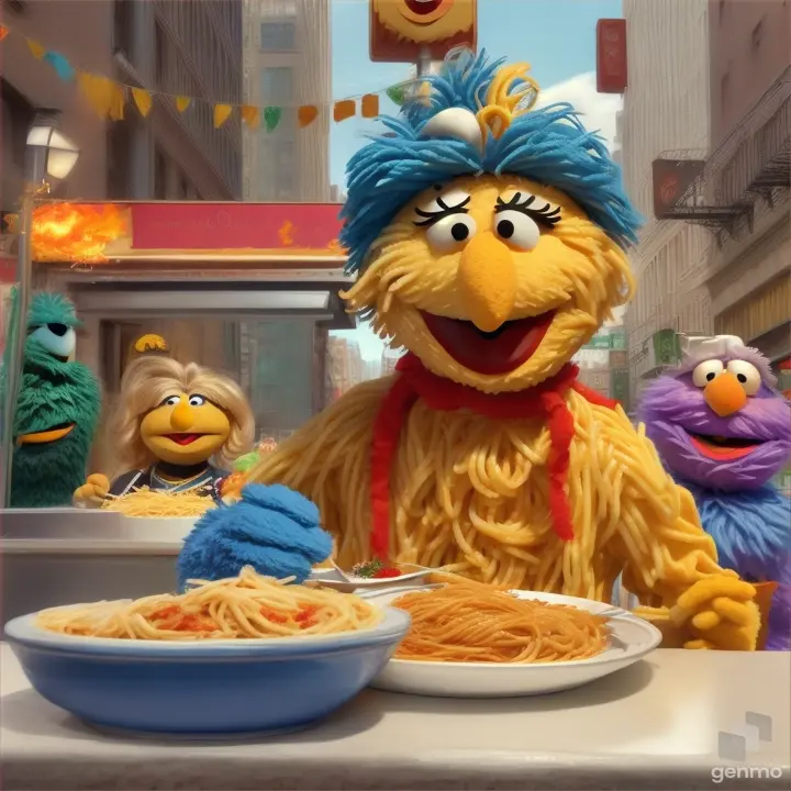 a sesame street scene with a plate of spaghetti and a sesame characterSesame street Big Bird and Elmo in front of a New York City restaurant eating a delicious bowl of spaghetti. The cookie monster can be seen in the background sautéing with flames. Gordon Ramsey crying in the foreground