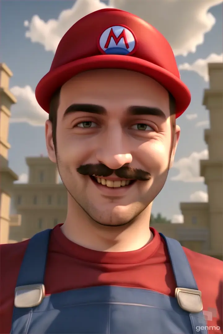 a man wearing a red hat and blue overalls style Mario 