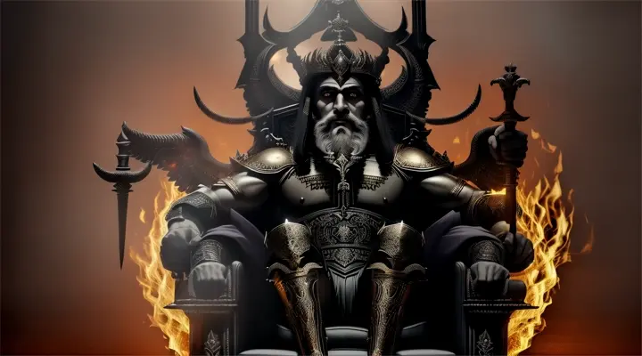 Nergal (Assyrian and Babylonian Mythology)
Imagine Nergal, the formidable god of the underworld and pestilence, enthroned in his dark domain. He is portrayed as a warrior god, with a muscular body clad in armor that is as formidable as it is regal, forged from the very essence of the underworld. In one hand, he wields a flaming sword that illuminates the shadowy realms he governs, and in the other, he holds a scepter topped with a skull, symbolizing his dominion over death. His face is stern and commanding, with eyes that blaze with the fires of the afterlife. Behind him, the river Styx flows, filled with souls awaiting judgment, and the gates of the underworld stand tall, guarded by fearsome creatures. Flames and shadows dance around him, casting an eerie glow that highlights the dual nature of his being—both destroyer and protector, a deity to be both feared and revered.