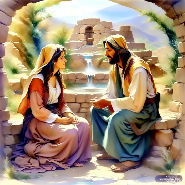 a painting of jesus talking to a woman