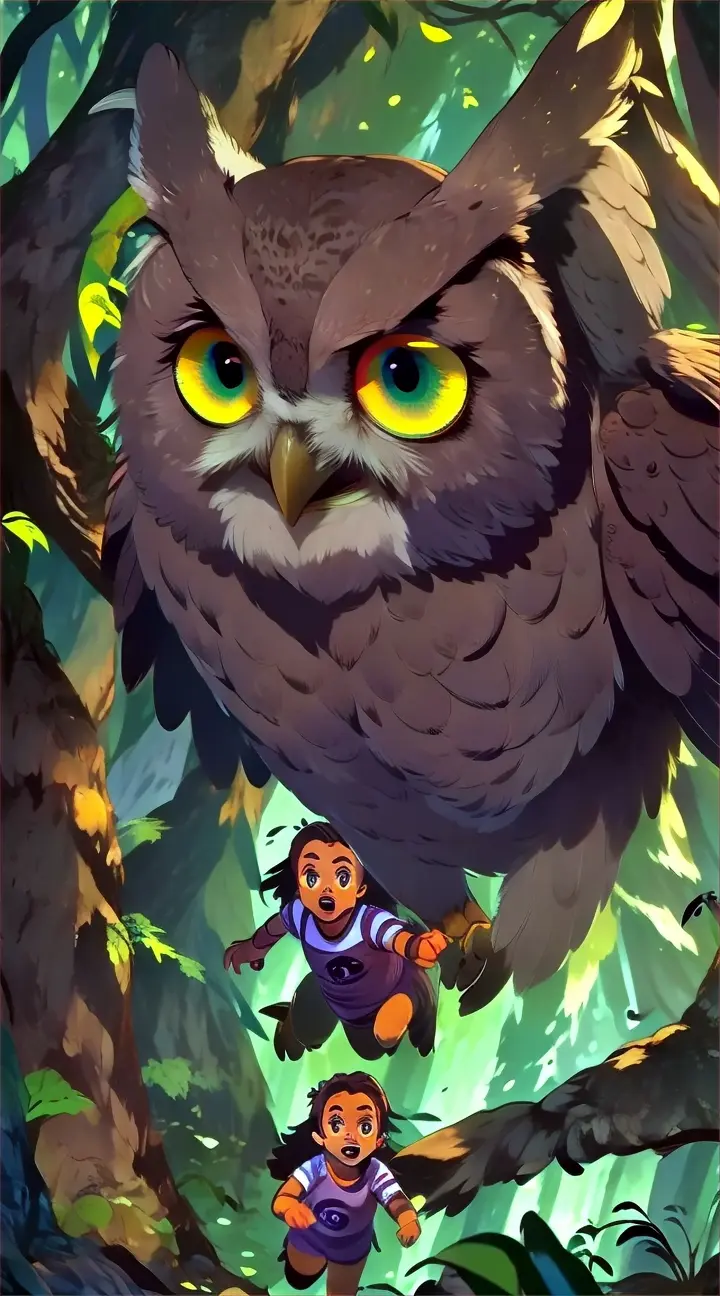 an owl flying over a girl in a forest