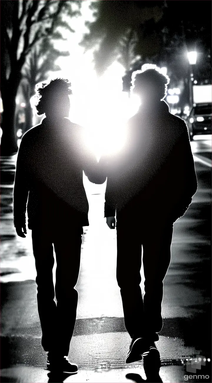 two people walking down a street at night