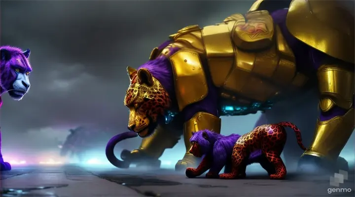 a red leopard, purple tiger, laying next to a bloody yellow ape wearing gold armor walking on all four legs, walking or standing next to a blue spartan. far perspective.” make it rain.