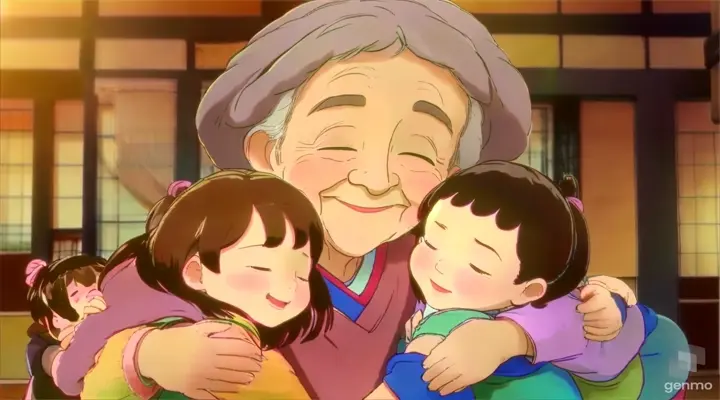 an older woman hugging two small children