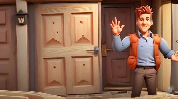 a cartoon character standing in front of a door