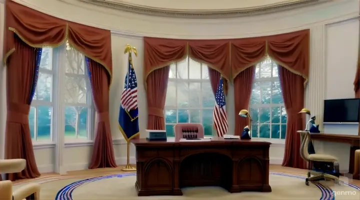 a room with a desk, chairs, and american flags and zoom in