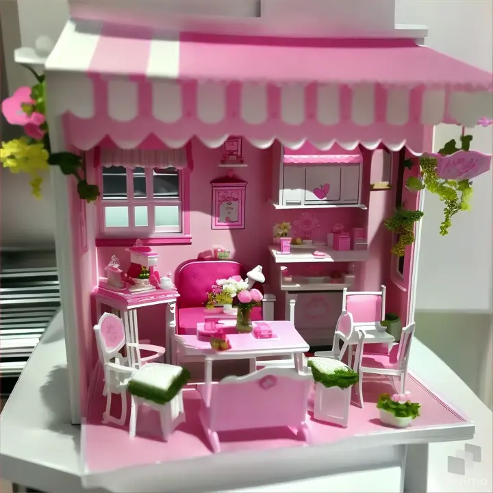 a pink and white doll house with a pink and white awning and barbie