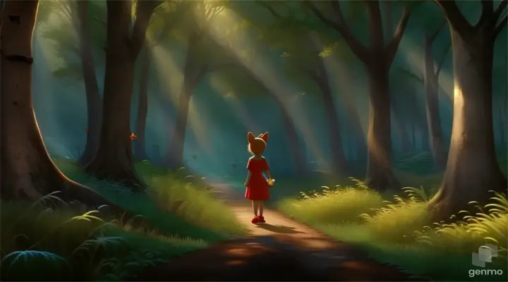 a painting of a girl in a red dress in a forest