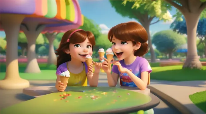 3d cartoon animation of kids eating ice cream in a beautiful park